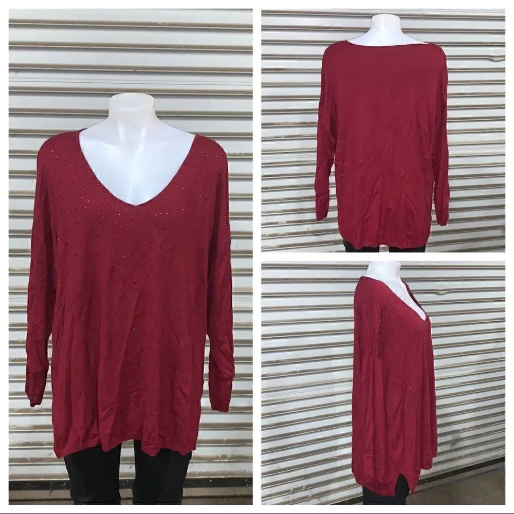 Roz & Ali red long sleeve top with rhinestones